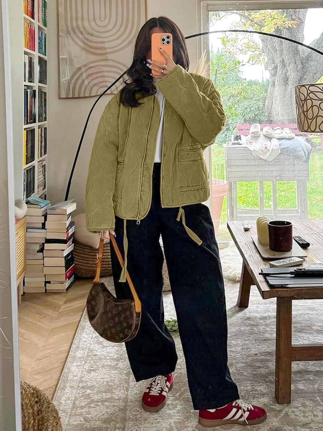 imageTankaneo Womens Collarless Lightweight Quilted Jackets Casual Oversized Puffer Coats Zip Up Drawstring OuterwearArmy Green