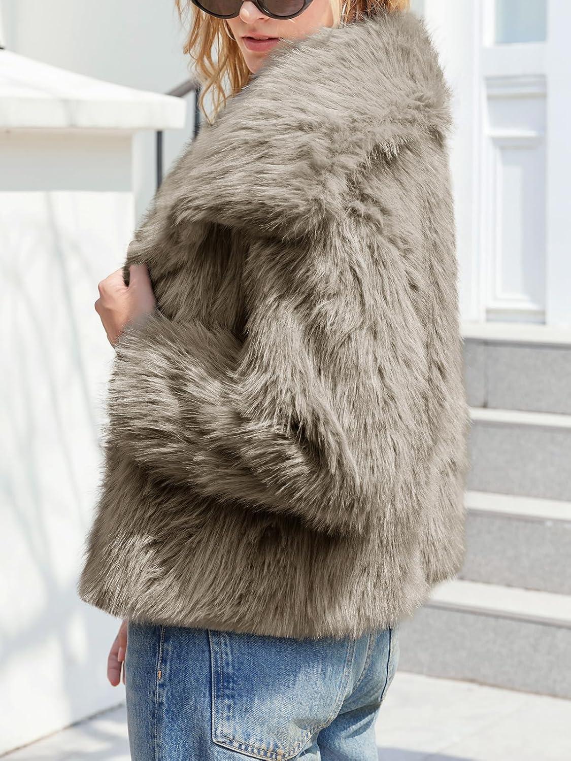 imageTankaneo Womens Cropped Faux Fur Jackets Winter Long Sleeve Open Front Warm Shaggy CoatsDark Khaki