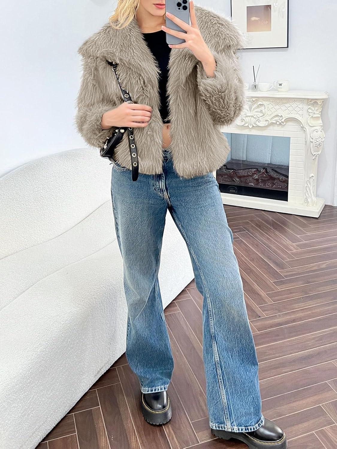imageTankaneo Womens Cropped Faux Fur Jackets Winter Long Sleeve Open Front Warm Shaggy CoatsDark Khaki