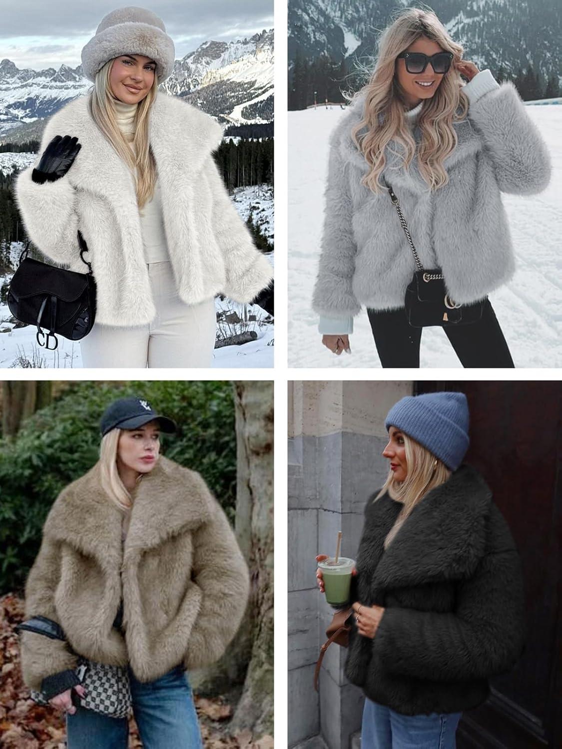 imageTankaneo Womens Cropped Faux Fur Jackets Winter Long Sleeve Open Front Warm Shaggy CoatsGrey