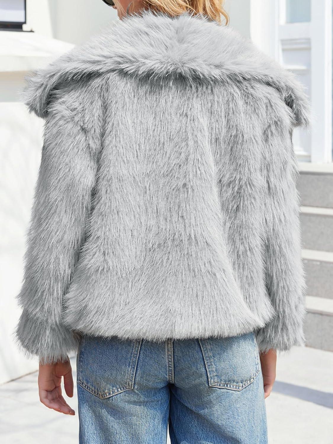imageTankaneo Womens Cropped Faux Fur Jackets Winter Long Sleeve Open Front Warm Shaggy CoatsGrey