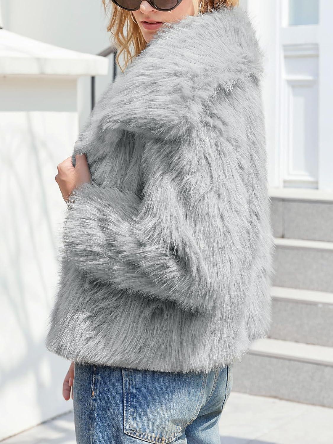 imageTankaneo Womens Cropped Faux Fur Jackets Winter Long Sleeve Open Front Warm Shaggy CoatsGrey