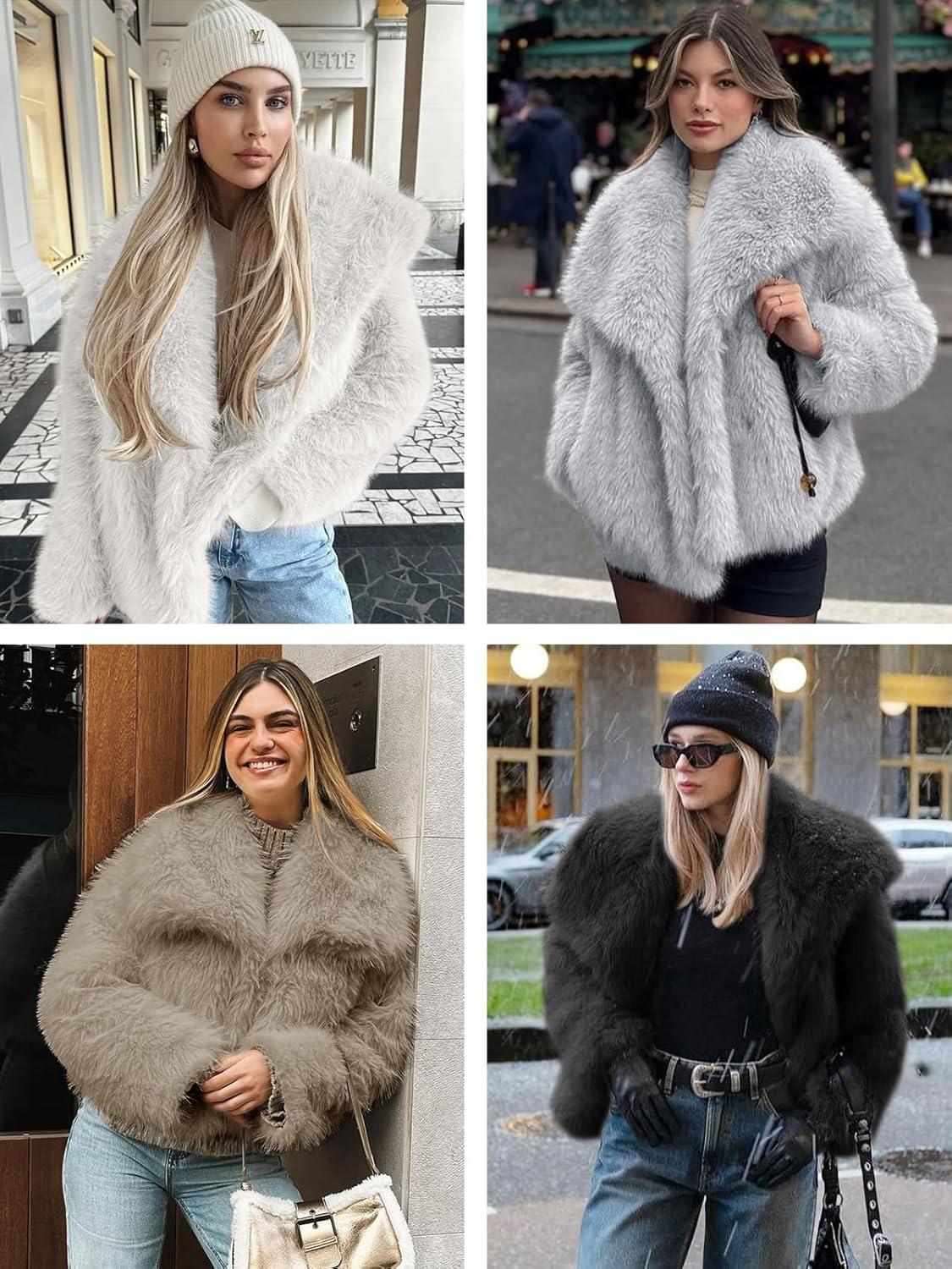imageTankaneo Womens Cropped Faux Fur Jackets Winter Long Sleeve Open Front Warm Shaggy CoatsGrey