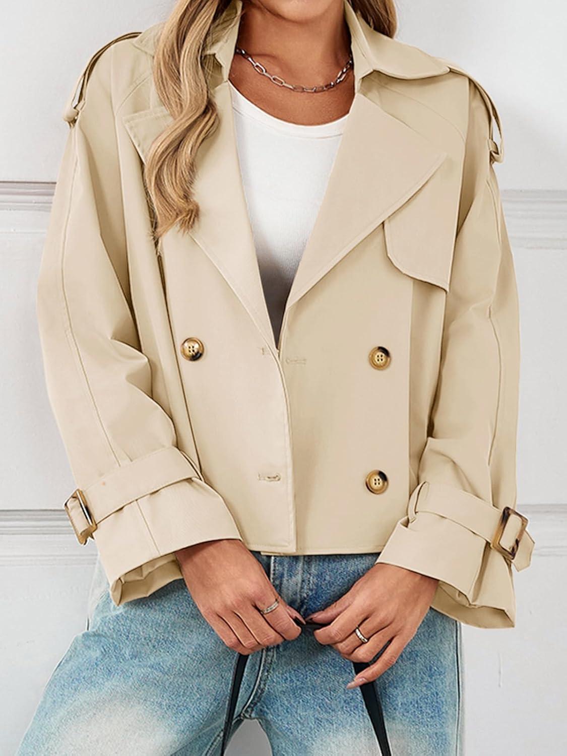imageTankaneo Womens Cropped Trench Coat Oversized Double Breasted Lapel Long Sleeve Short Jacket Fashion OuterwearApricot