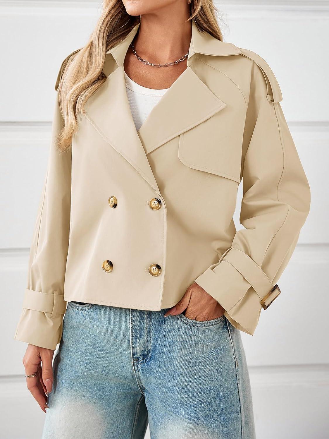 imageTankaneo Womens Cropped Trench Coat Oversized Double Breasted Lapel Long Sleeve Short Jacket Fashion OuterwearApricot