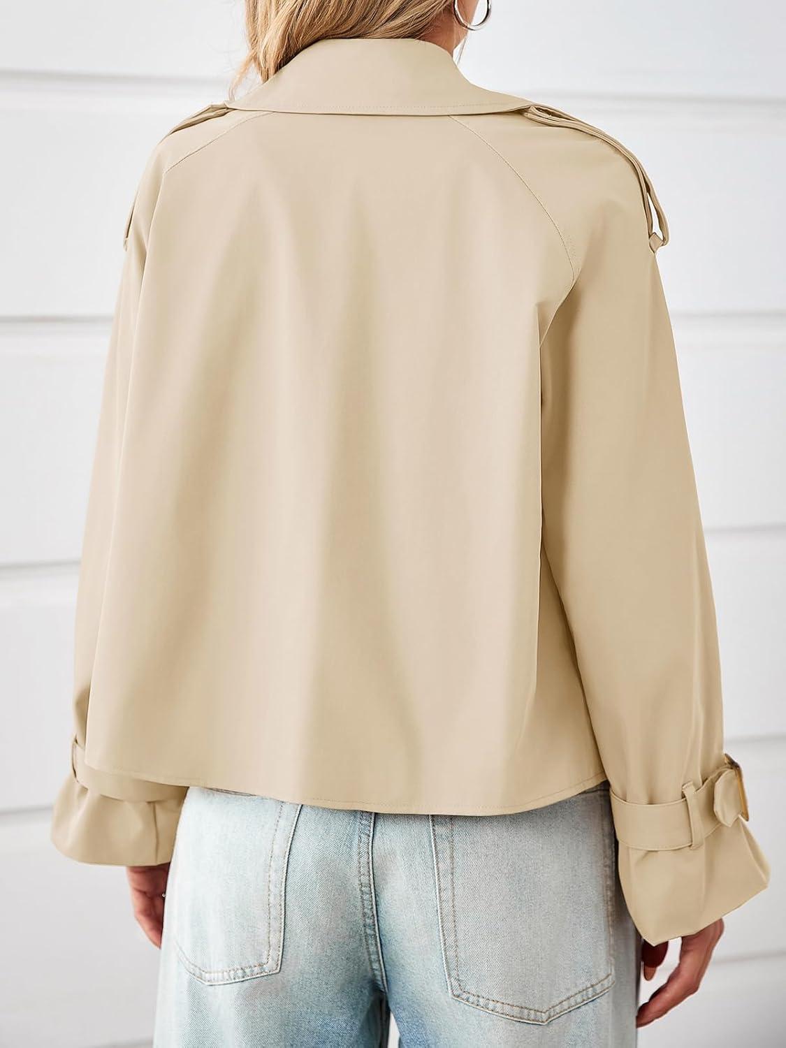 imageTankaneo Womens Cropped Trench Coat Oversized Double Breasted Lapel Long Sleeve Short Jacket Fashion OuterwearApricot