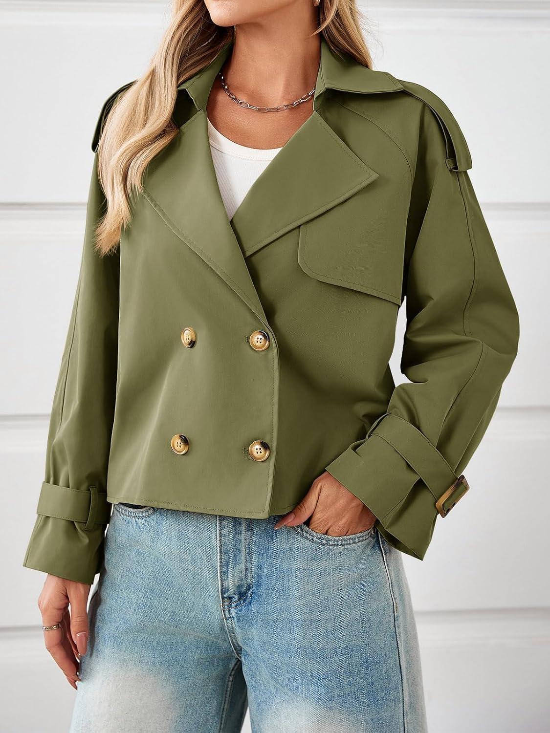 imageTankaneo Womens Cropped Trench Coat Oversized Double Breasted Lapel Long Sleeve Short Jacket Fashion OuterwearArmy Green