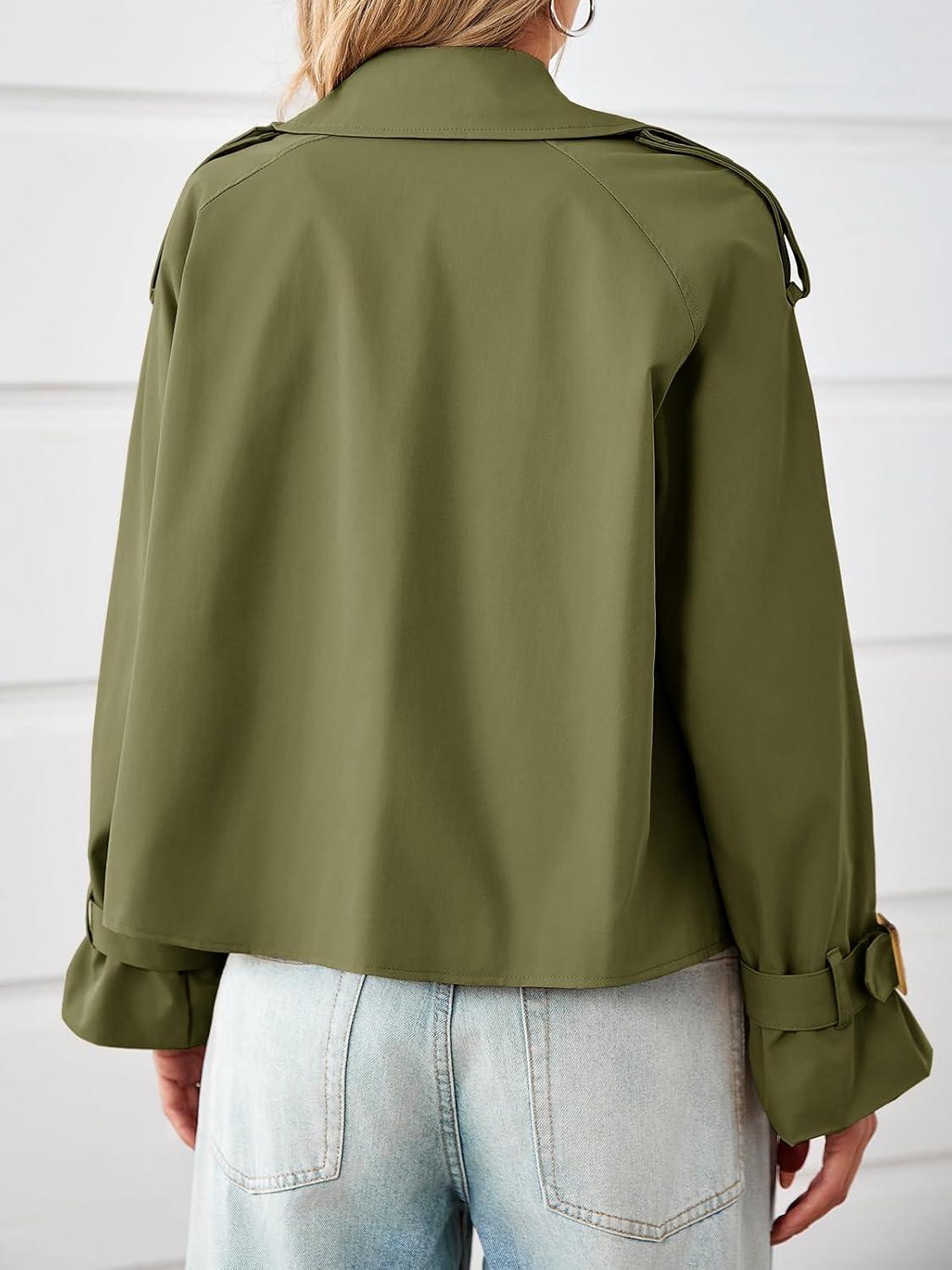 imageTankaneo Womens Cropped Trench Coat Oversized Double Breasted Lapel Long Sleeve Short Jacket Fashion OuterwearArmy Green