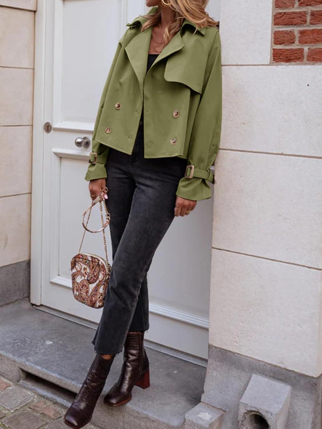 imageTankaneo Womens Cropped Trench Coat Oversized Double Breasted Lapel Long Sleeve Short Jacket Fashion OuterwearArmy Green