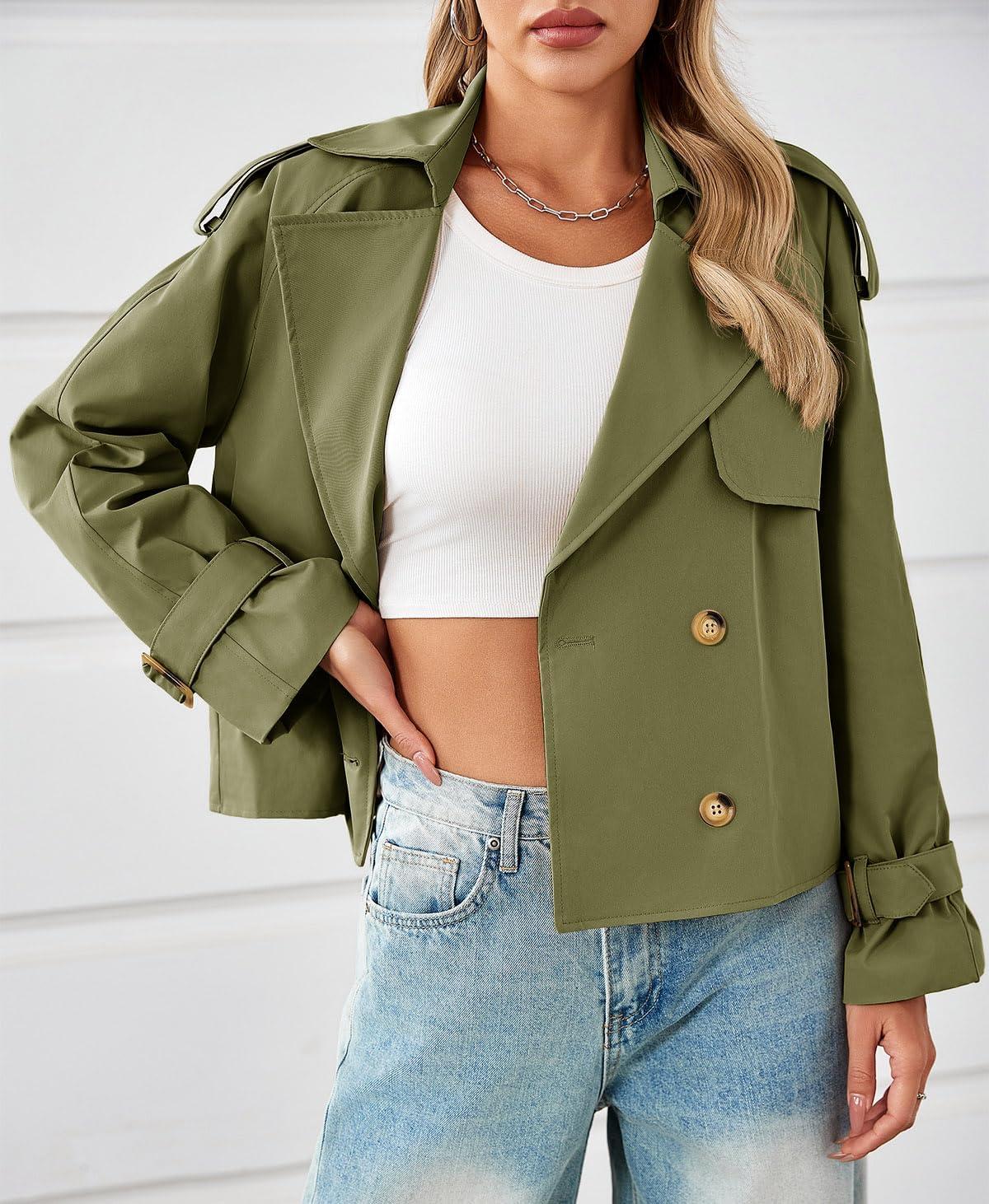 imageTankaneo Womens Cropped Trench Coat Oversized Double Breasted Lapel Long Sleeve Short Jacket Fashion OuterwearArmy Green