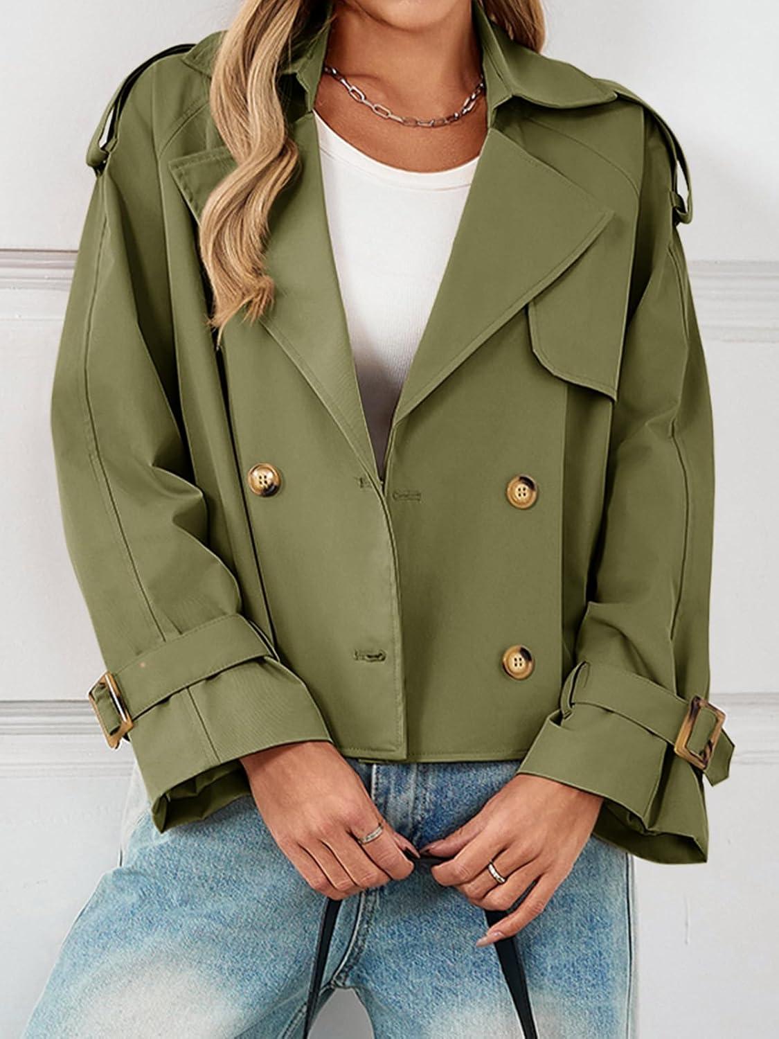 imageTankaneo Womens Cropped Trench Coat Oversized Double Breasted Lapel Long Sleeve Short Jacket Fashion OuterwearArmy Green