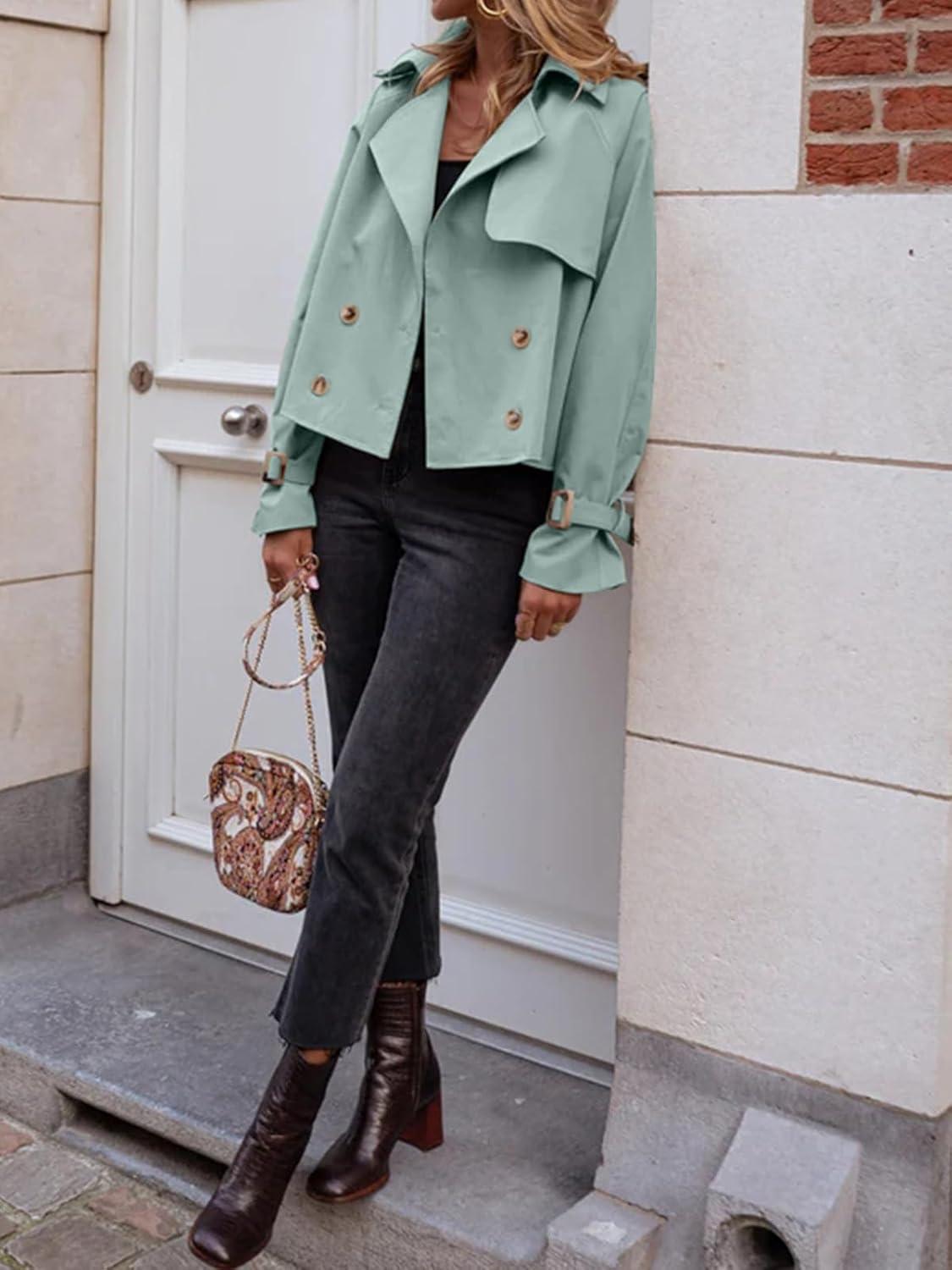 imageTankaneo Womens Cropped Trench Coat Oversized Double Breasted Lapel Long Sleeve Short Jacket Fashion OuterwearSreygreen