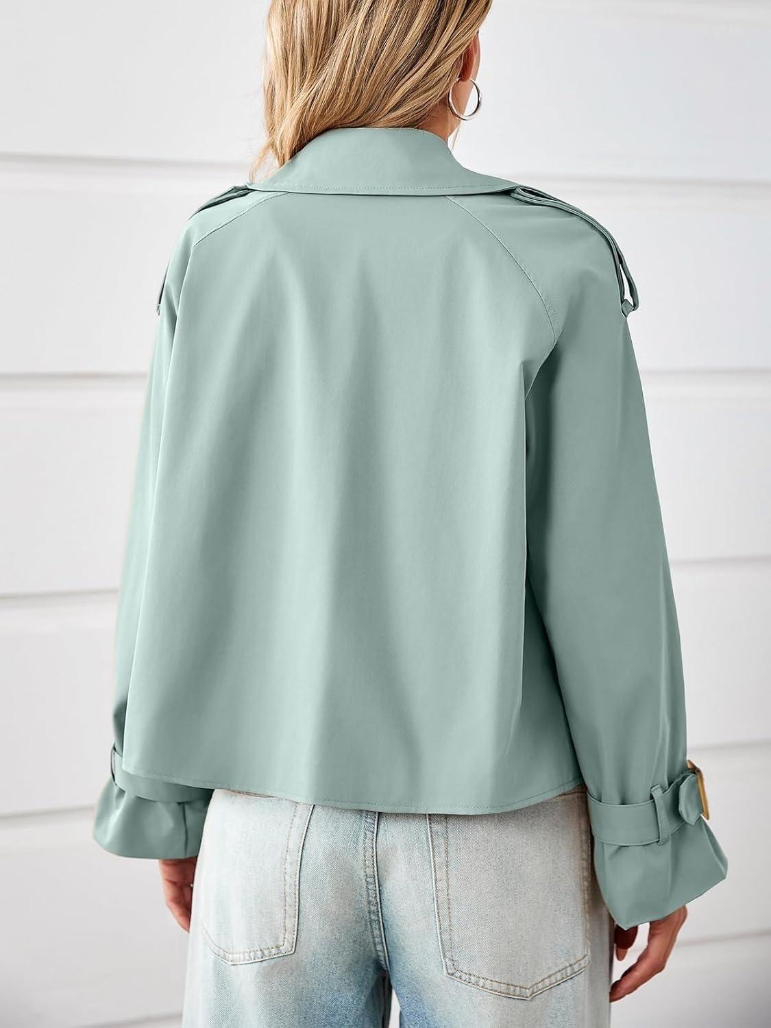 imageTankaneo Womens Cropped Trench Coat Oversized Double Breasted Lapel Long Sleeve Short Jacket Fashion OuterwearSreygreen