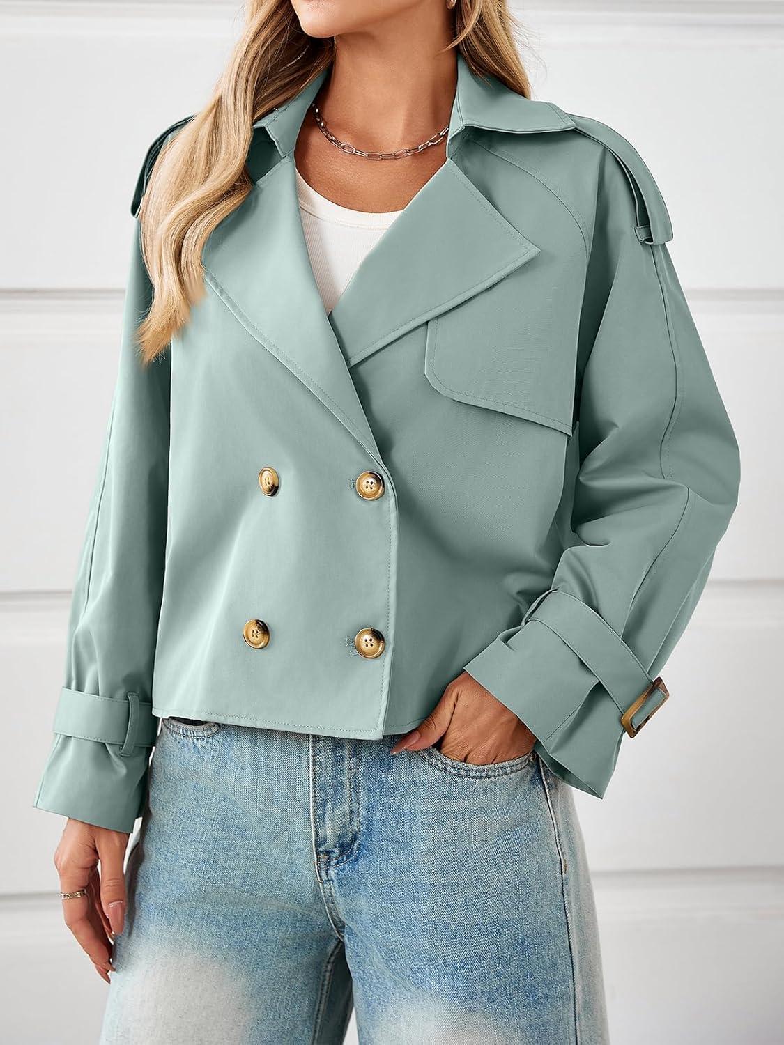 imageTankaneo Womens Cropped Trench Coat Oversized Double Breasted Lapel Long Sleeve Short Jacket Fashion OuterwearSreygreen