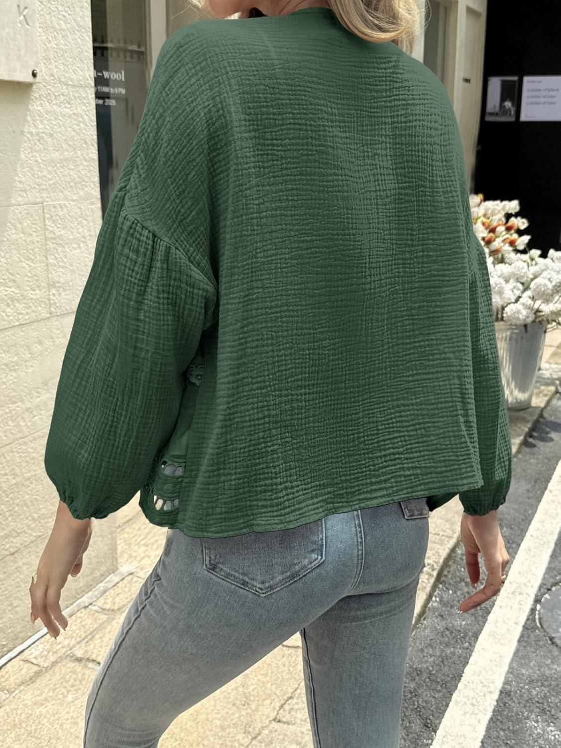 imageTankaneo Womens Deep V Neck Tie Front Blouse Cotton Long Puff Sleeve Eyelet Tops Cute Lace Trim Flowy Ruffle ShirtsDark Green