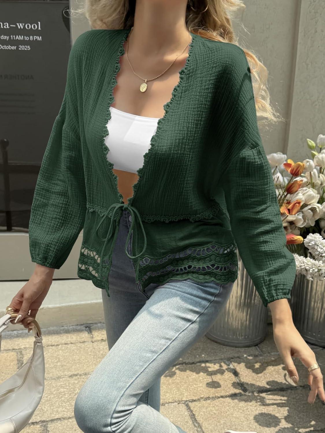 imageTankaneo Womens Deep V Neck Tie Front Blouse Cotton Long Puff Sleeve Eyelet Tops Cute Lace Trim Flowy Ruffle ShirtsDark Green