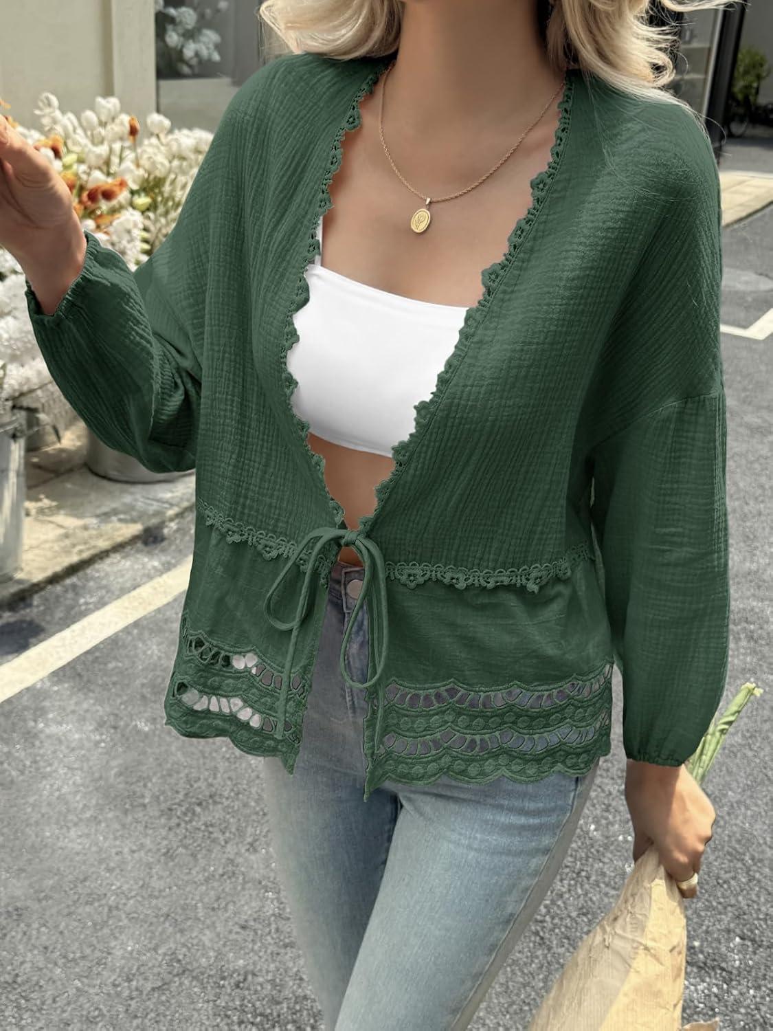 imageTankaneo Womens Deep V Neck Tie Front Blouse Cotton Long Puff Sleeve Eyelet Tops Cute Lace Trim Flowy Ruffle ShirtsDark Green