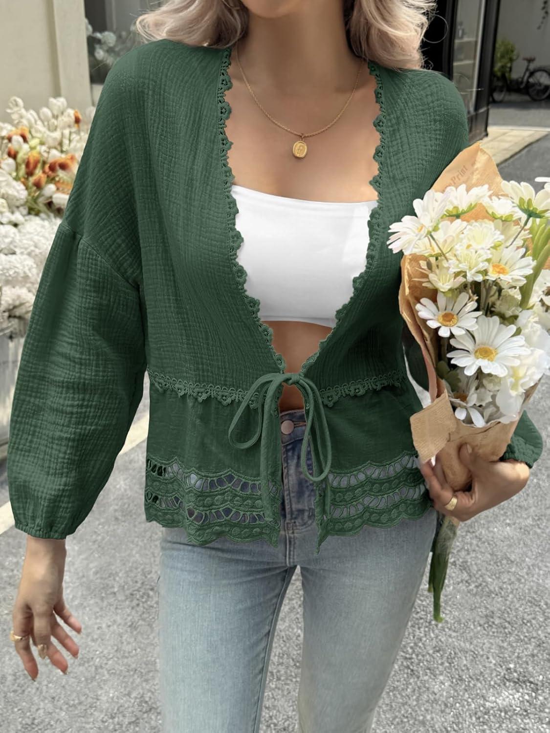 imageTankaneo Womens Deep V Neck Tie Front Blouse Cotton Long Puff Sleeve Eyelet Tops Cute Lace Trim Flowy Ruffle ShirtsDark Green