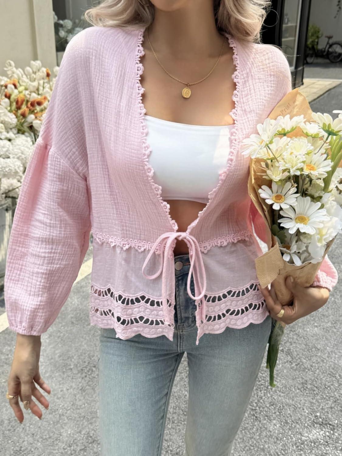 imageTankaneo Womens Deep V Neck Tie Front Blouse Cotton Long Puff Sleeve Eyelet Tops Cute Lace Trim Flowy Ruffle ShirtsPink