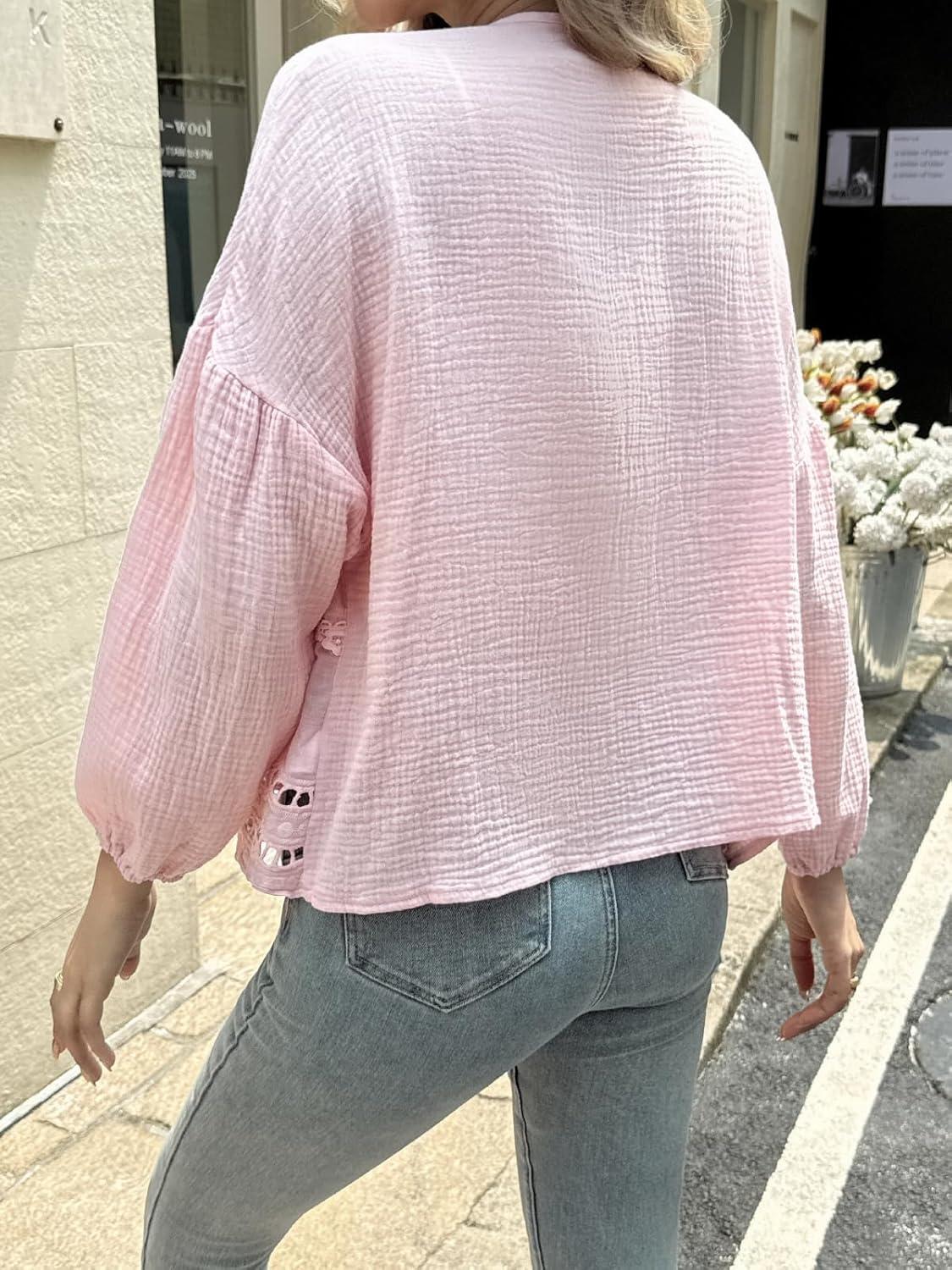 imageTankaneo Womens Deep V Neck Tie Front Blouse Cotton Long Puff Sleeve Eyelet Tops Cute Lace Trim Flowy Ruffle ShirtsPink