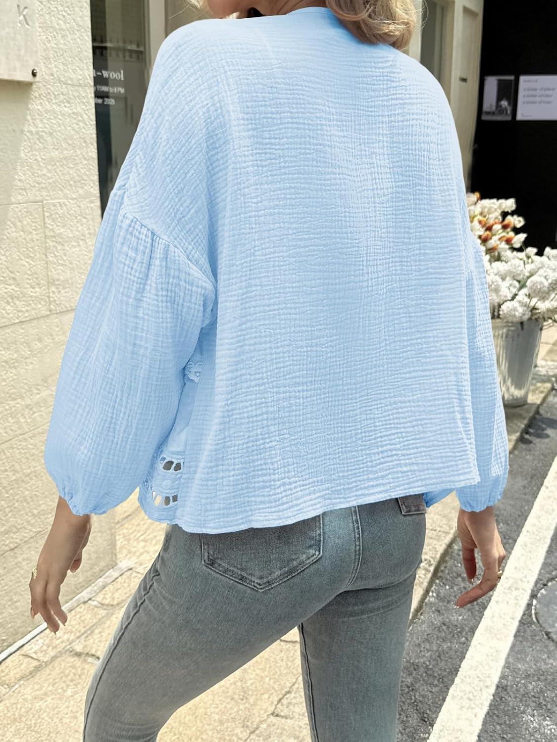 imageTankaneo Womens Deep V Neck Tie Front Blouse Cotton Long Puff Sleeve Eyelet Tops Cute Lace Trim Flowy Ruffle ShirtsSky Blue
