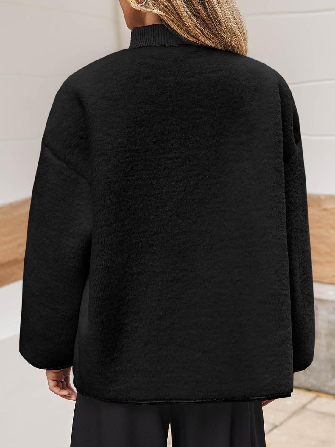 imageTankaneo Womens Faux Fur Jackets Fluffy Collarless Winter Fuzzy Coat Oversized Warm Sherpa OuterwearBlack