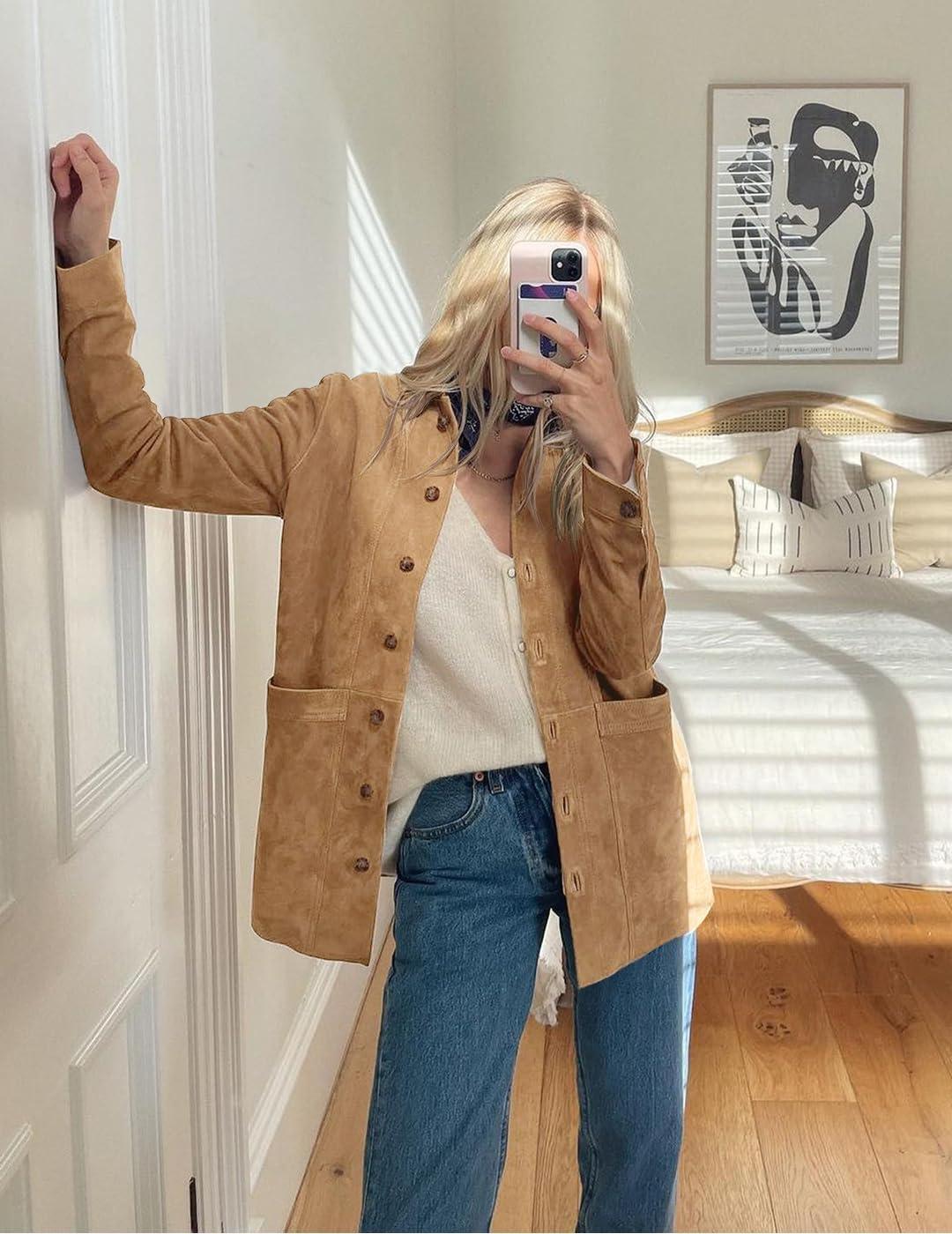 imageTankaneo Womens Faux Suede Jackets Button Down Long Sleeve Shackets Coat Trendy 2025 Spring ClothesCamel