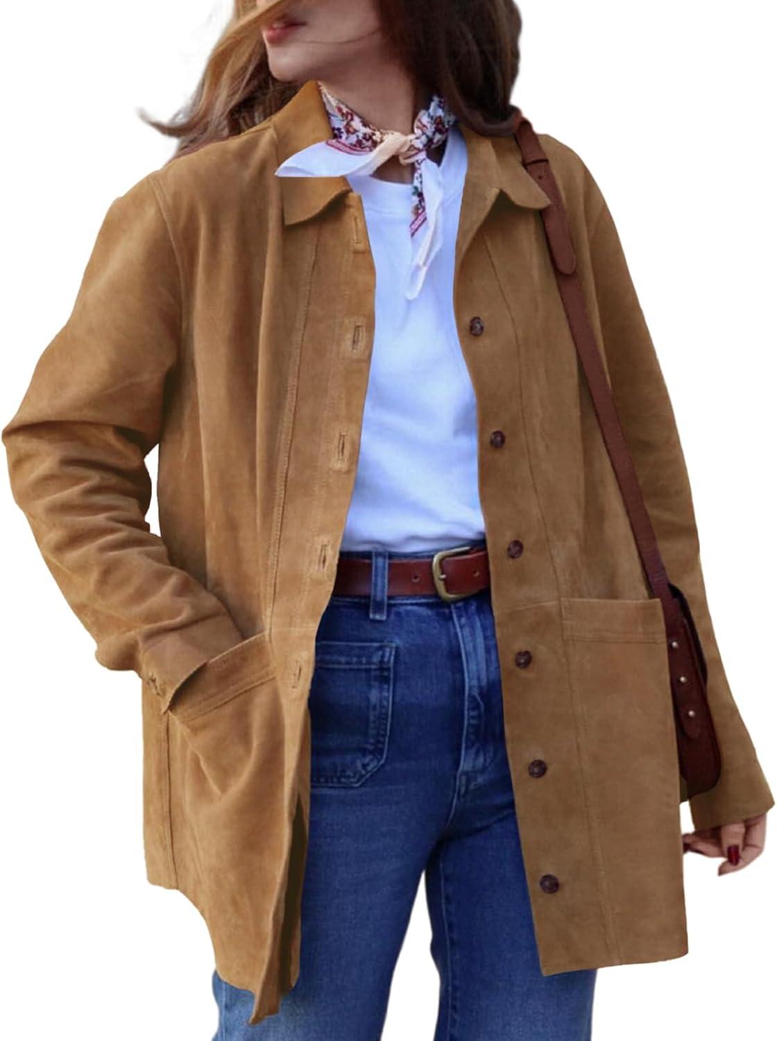 imageTankaneo Womens Faux Suede Jackets Button Down Long Sleeve Shackets Coat Trendy 2025 Spring ClothesCamel