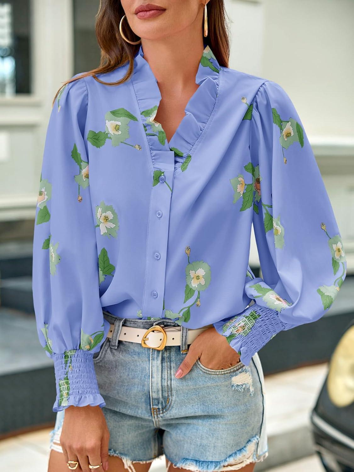 imageTankaneo Womens Floral Ruffle Blouses Dressy Casual Long Puff Sleeve Boho Tops V Neck Button Down ShirtsBlue