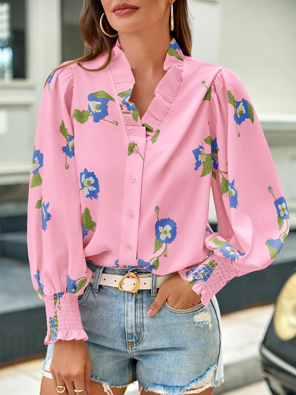 imageTankaneo Womens Floral Ruffle Blouses Dressy Casual Long Puff Sleeve Boho Tops V Neck Button Down ShirtsPink