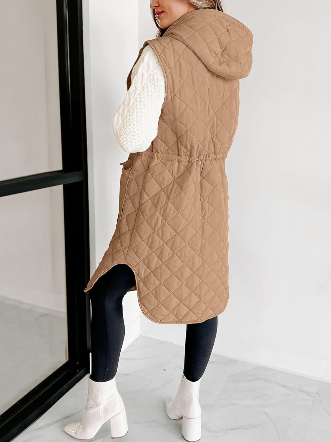 imageTankaneo Womens Long Puffer Vest Sleeveless Hood Quilted Winter Outwear Warm Jackets CoatsLight Khaki