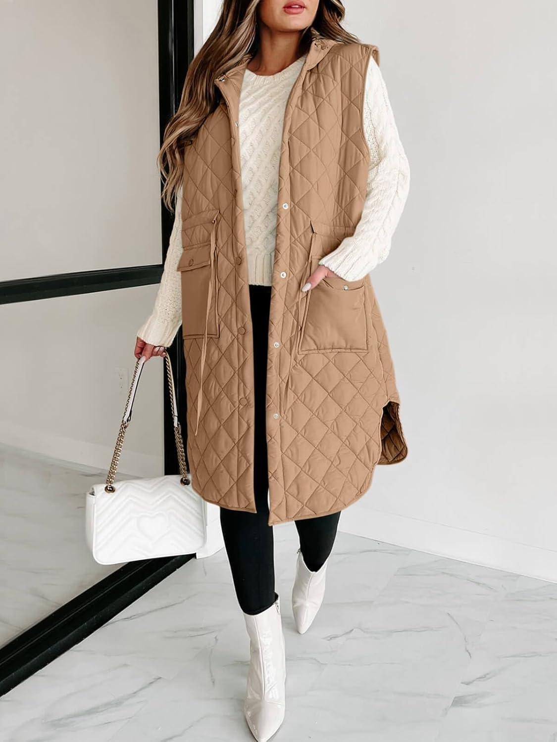 imageTankaneo Womens Long Puffer Vest Sleeveless Hood Quilted Winter Outwear Warm Jackets CoatsLight Khaki