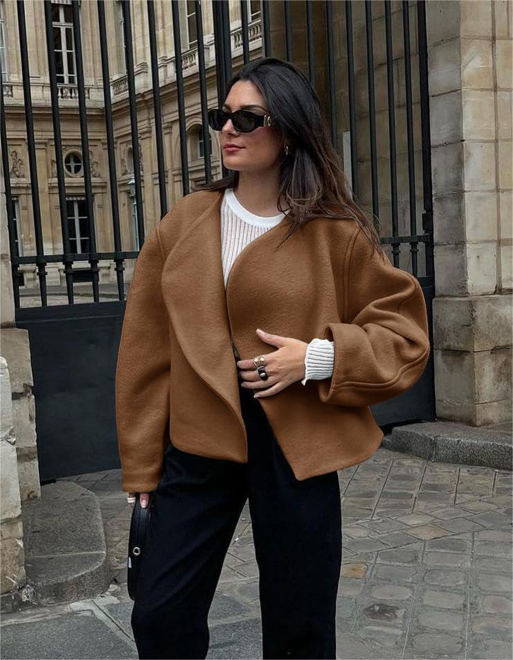 imageTankaneo Womens Oversized Cropped Pea Coat Lapel Open Front Jacket Winter Short OuterwearBrown