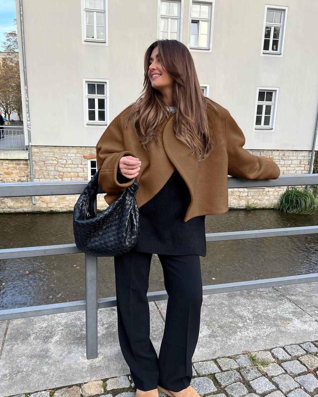 imageTankaneo Womens Oversized Cropped Pea Coat Lapel Open Front Jacket Winter Short OuterwearBrown