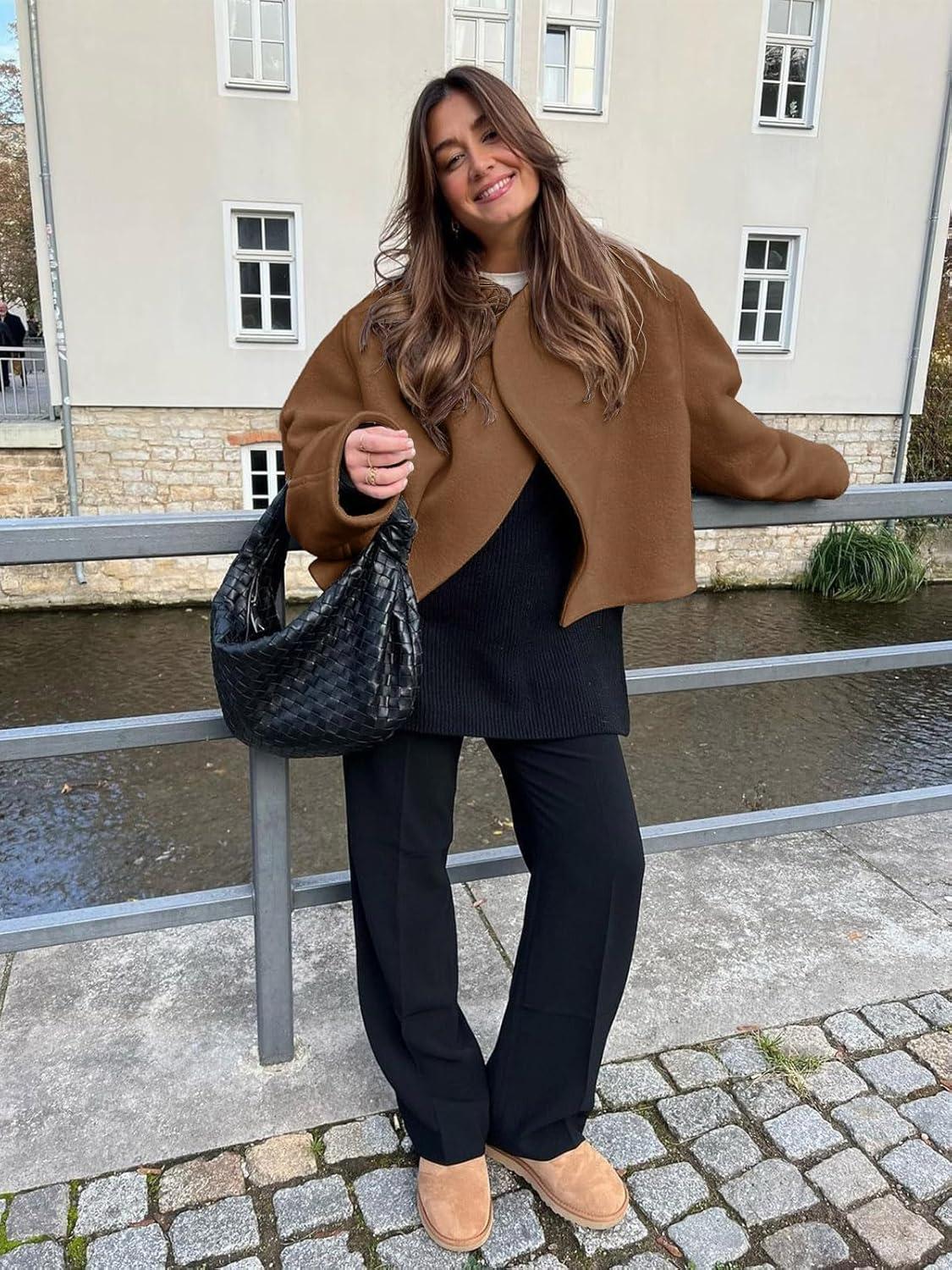 imageTankaneo Womens Oversized Cropped Pea Coat Lapel Open Front Jacket Winter Short OuterwearBrown