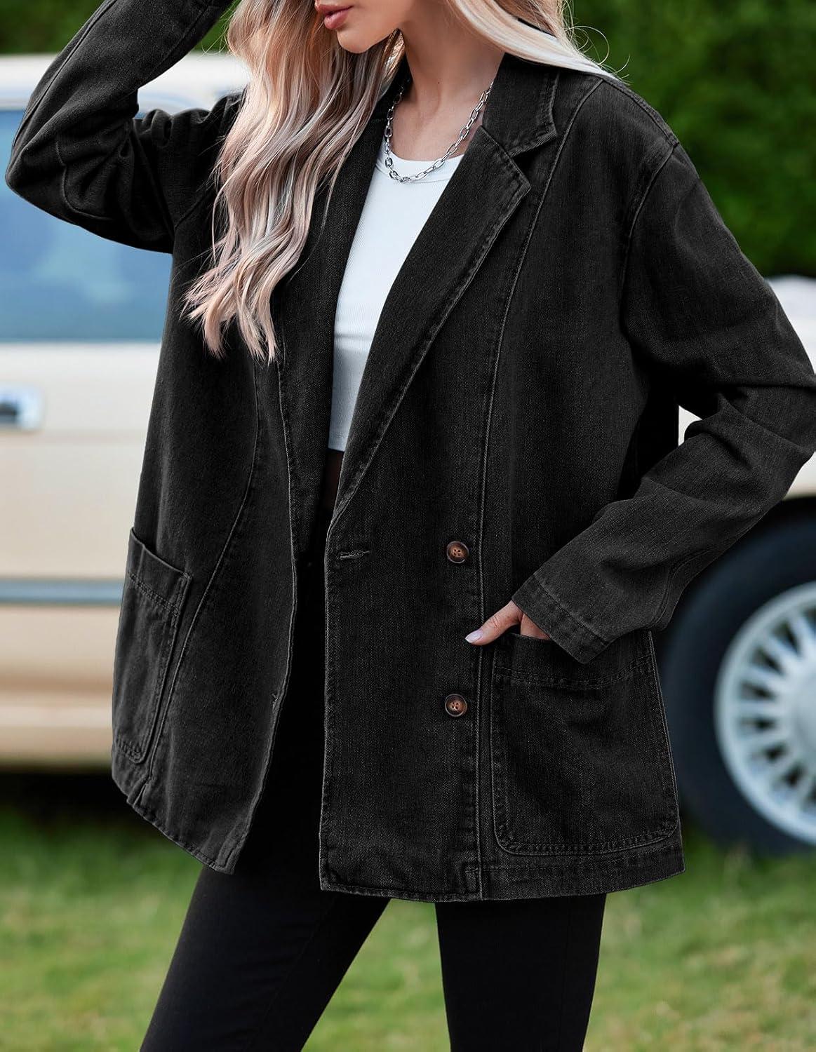 imageTankaneo Womens Oversized Denim Jacket Casual Button Up Blazer Notched Lapel Jean Shacket CoatBlack
