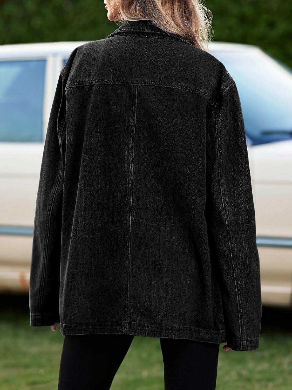imageTankaneo Womens Oversized Denim Jacket Casual Button Up Blazer Notched Lapel Jean Shacket CoatBlack
