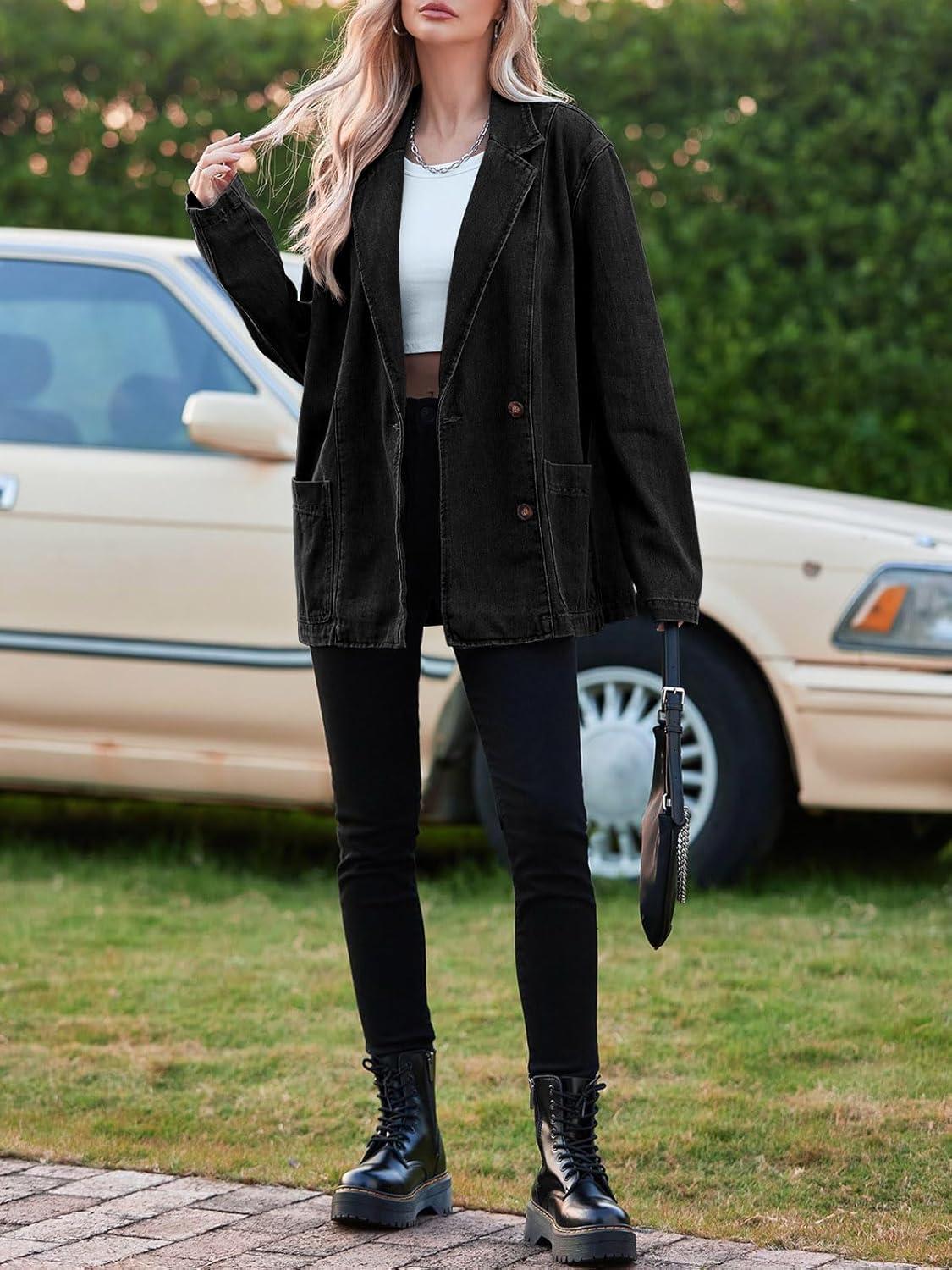 imageTankaneo Womens Oversized Denim Jacket Casual Button Up Blazer Notched Lapel Jean Shacket CoatBlack