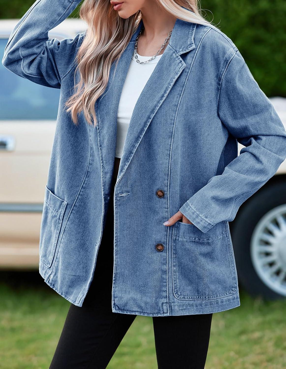 imageTankaneo Womens Oversized Denim Jacket Casual Button Up Blazer Notched Lapel Jean Shacket CoatBlue