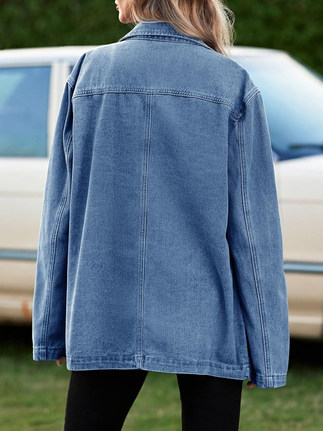 imageTankaneo Womens Oversized Denim Jacket Casual Button Up Blazer Notched Lapel Jean Shacket CoatBlue