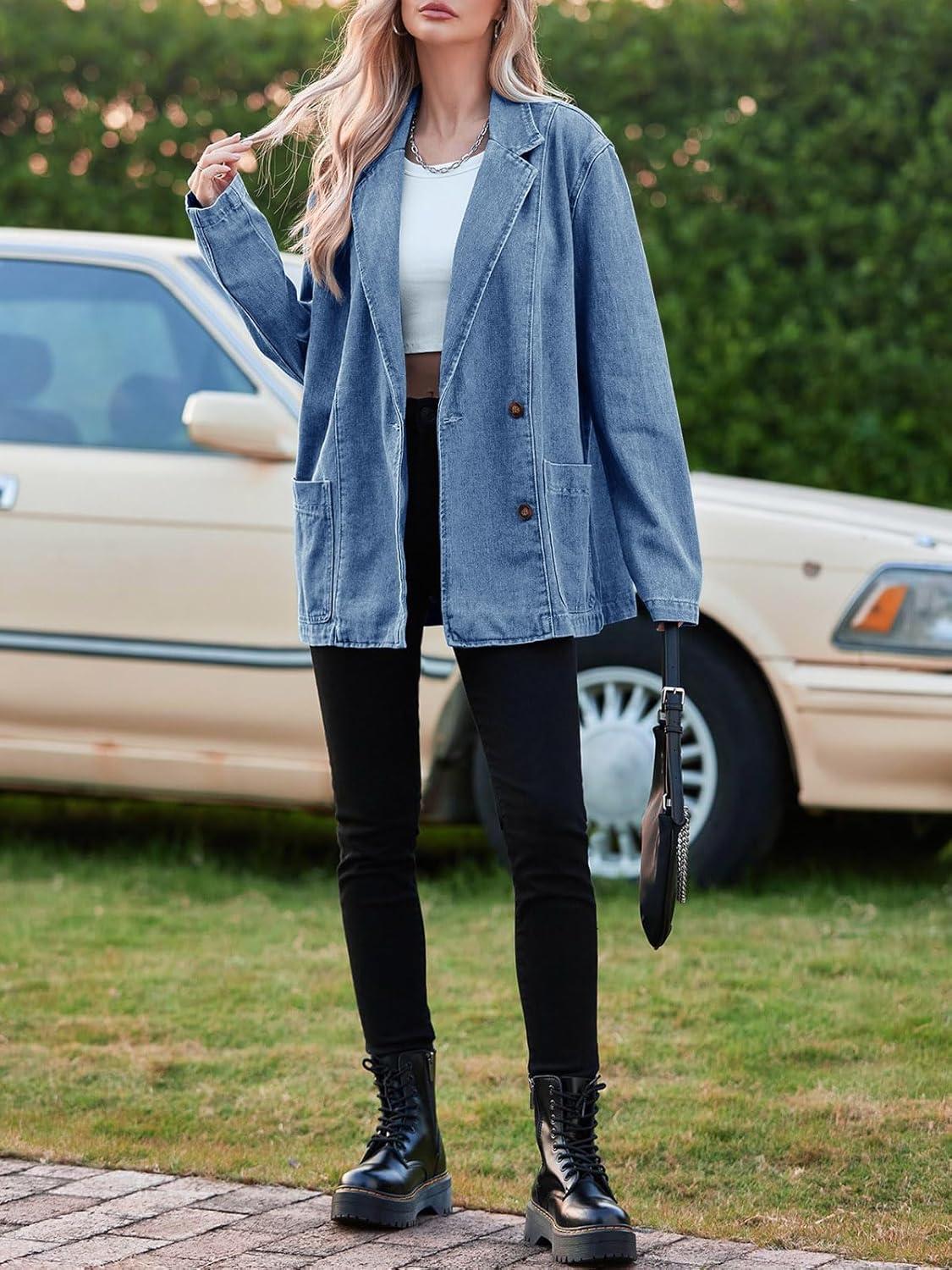 imageTankaneo Womens Oversized Denim Jacket Casual Button Up Blazer Notched Lapel Jean Shacket CoatBlue