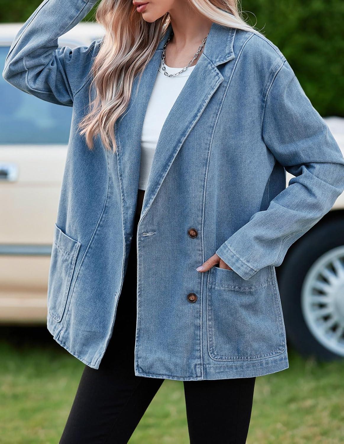 imageTankaneo Womens Oversized Denim Jacket Casual Button Up Blazer Notched Lapel Jean Shacket CoatLight Blue