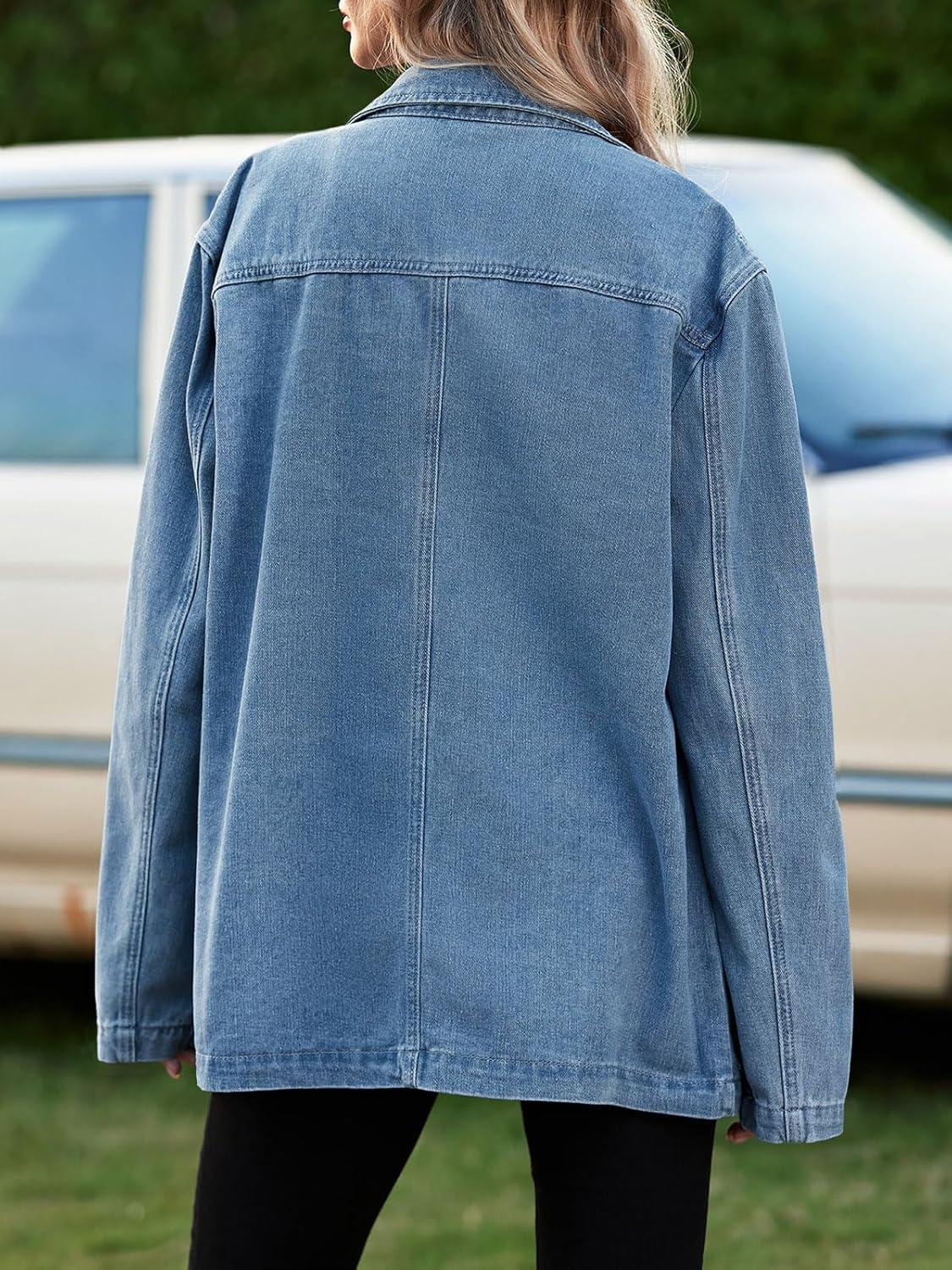 imageTankaneo Womens Oversized Denim Jacket Casual Button Up Blazer Notched Lapel Jean Shacket CoatLight Blue