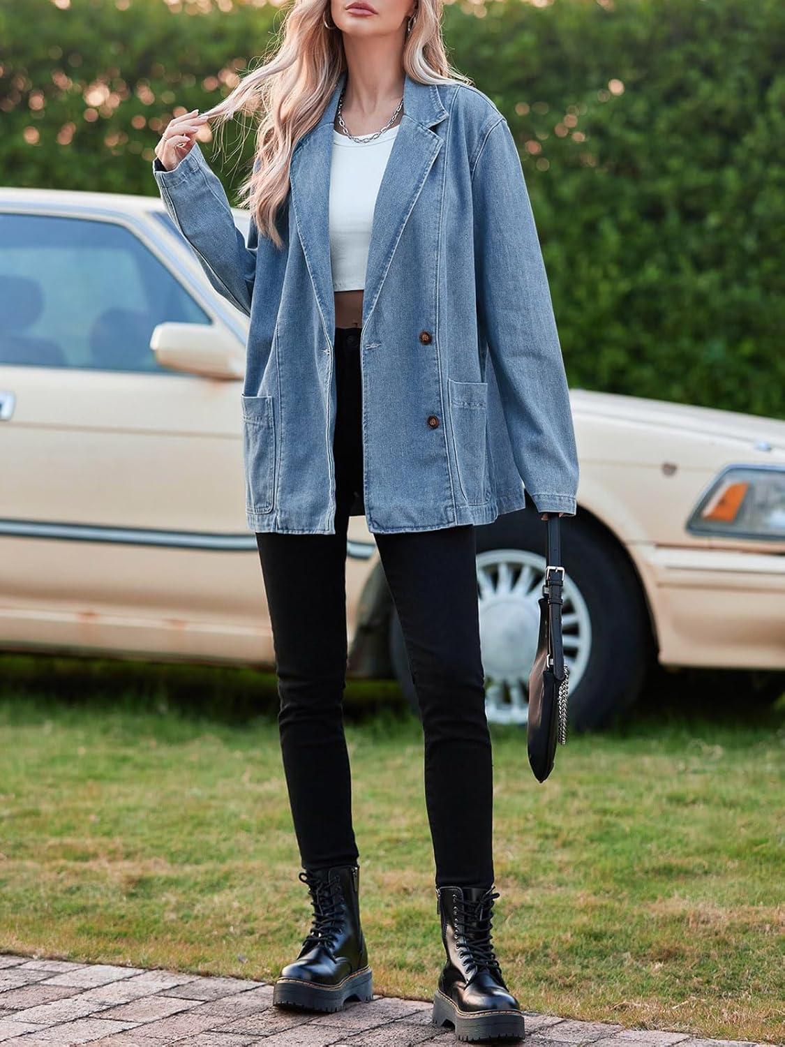 imageTankaneo Womens Oversized Denim Jacket Casual Button Up Blazer Notched Lapel Jean Shacket CoatLight Blue