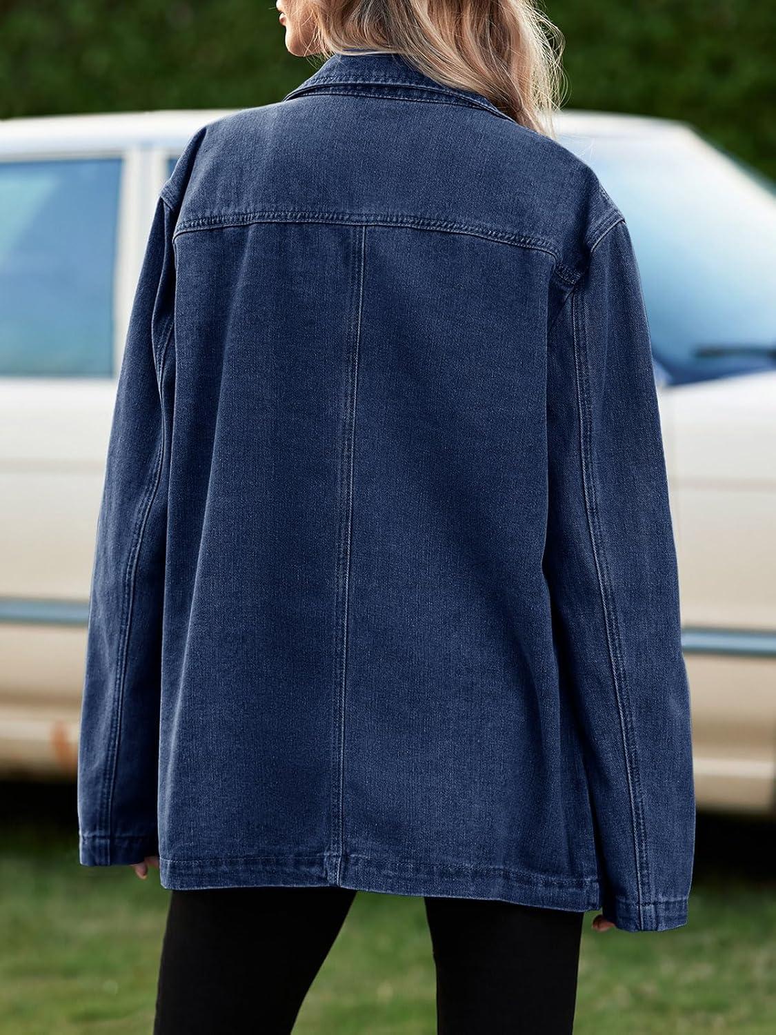 imageTankaneo Womens Oversized Denim Jacket Casual Button Up Blazer Notched Lapel Jean Shacket CoatNavy