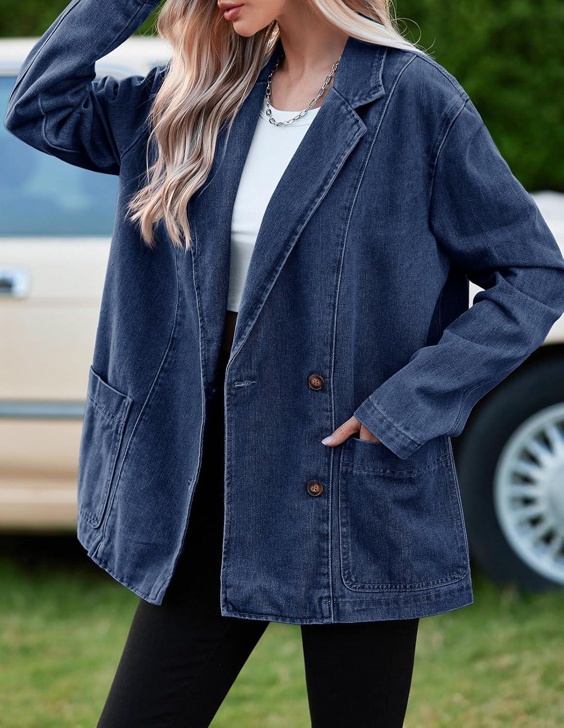 imageTankaneo Womens Oversized Denim Jacket Casual Button Up Blazer Notched Lapel Jean Shacket CoatNavy