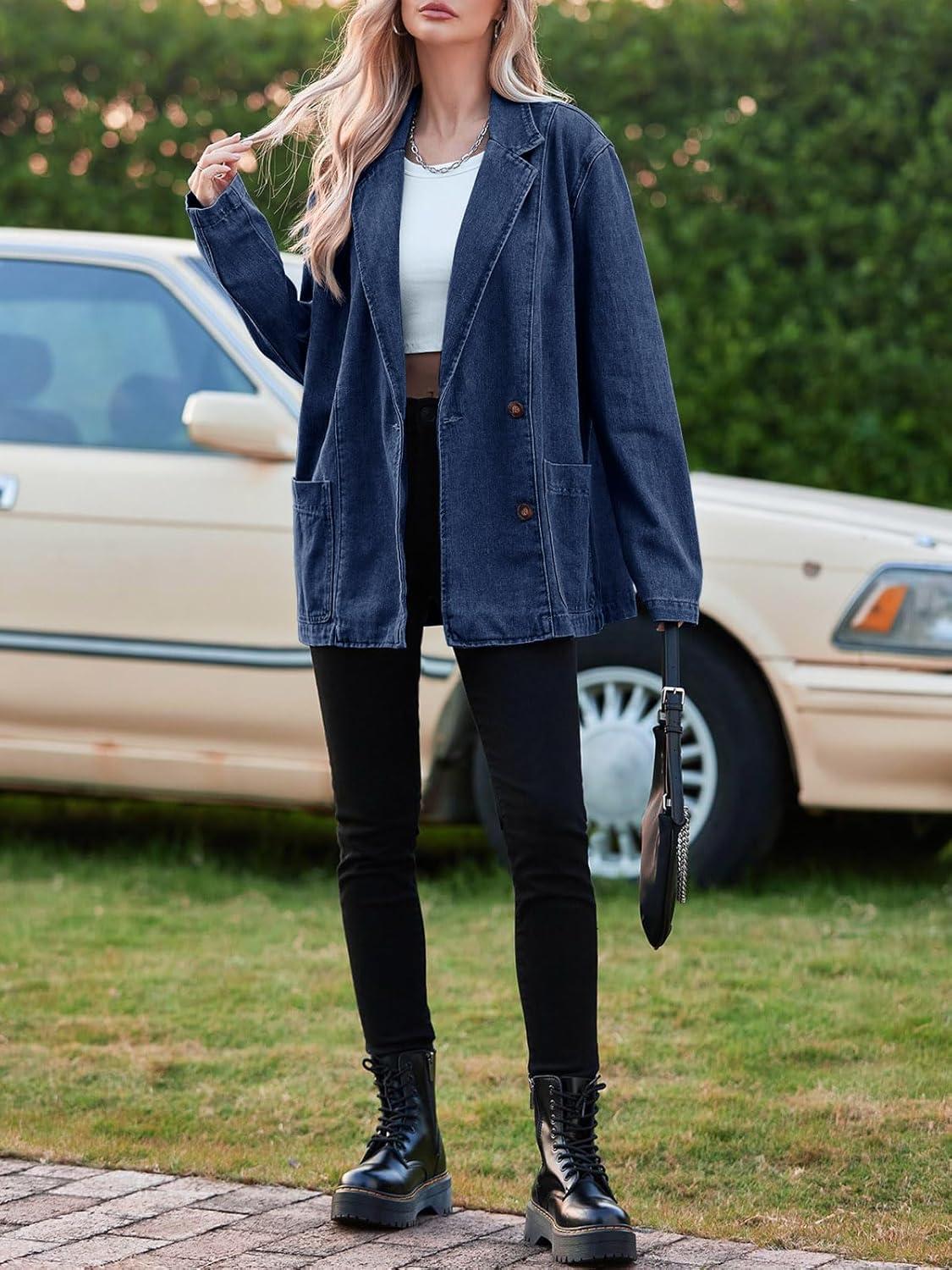 imageTankaneo Womens Oversized Denim Jacket Casual Button Up Blazer Notched Lapel Jean Shacket CoatNavy