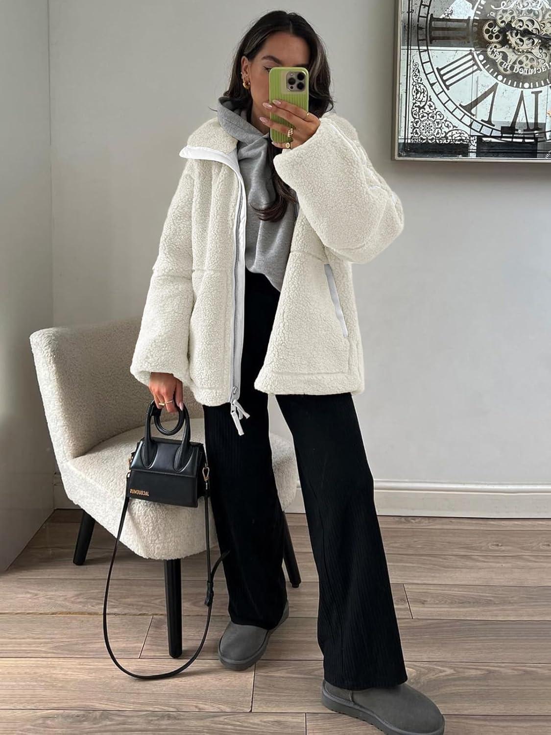 imageTankaneo Womens Oversized Sherpa Fleece Jacket Zip Up Teddy Coat Winter Warm Stand Collar Fuzzy OuterwearBeige