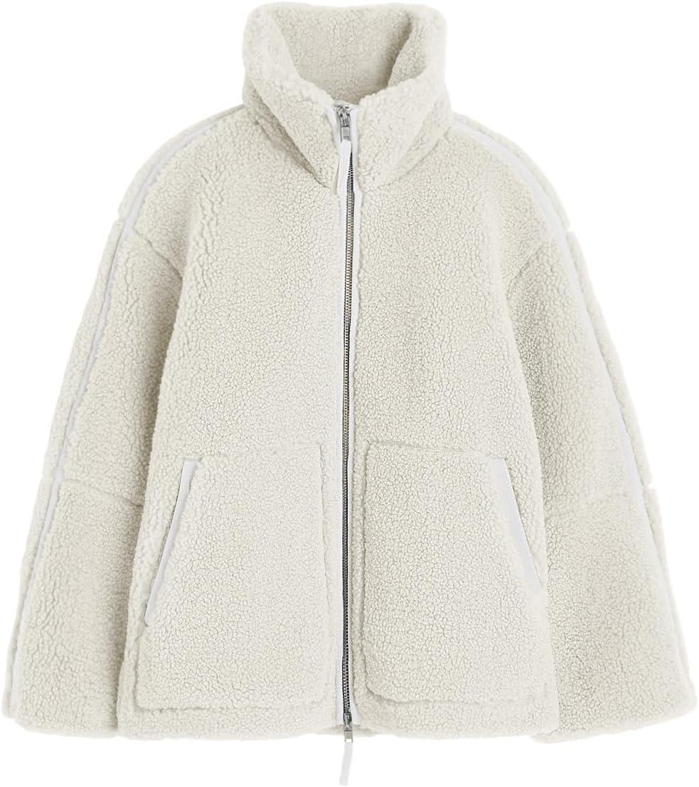 imageTankaneo Womens Oversized Sherpa Fleece Jacket Zip Up Teddy Coat Winter Warm Stand Collar Fuzzy OuterwearBeige