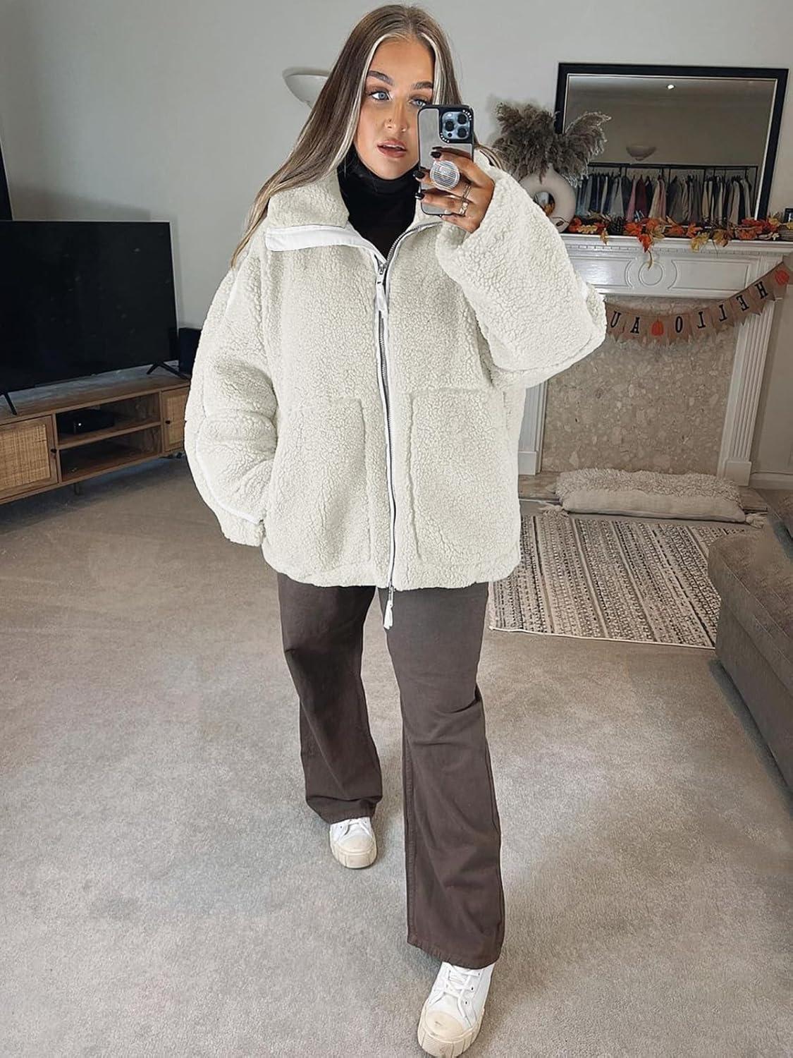 imageTankaneo Womens Oversized Sherpa Fleece Jacket Zip Up Teddy Coat Winter Warm Stand Collar Fuzzy OuterwearBeige